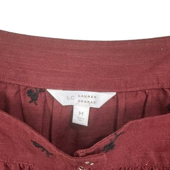Lauren Conrad Women SZ M Square Neck Embroidered Long Sleeve Blouse Maroon - Picture 4 of 14